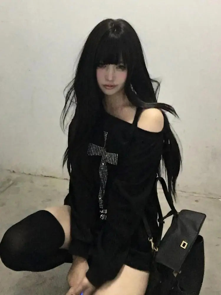Seeslim Cross One-shoulder Graphic Hoodies Long Sleeve Black Women's Sweatshirts Harajuku Grunge 2000s Clothes Y2k Autumn Tops - Matrix-studios.com
