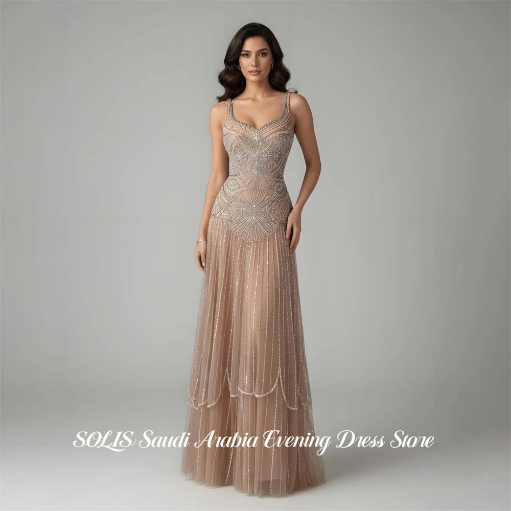 SOLIS Champagne Prom Dresses Spaghetti Strap Gala Dresses Sleeveless Saudi Arabic Glitter Sequin Evening Party Gown Customized - Matrix Studios