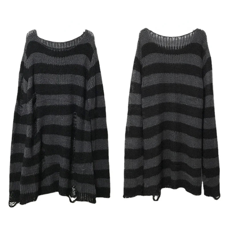 New Streetwear Top Punk Gothic Long Unisex Sweater Summer Women Striped Cool Hollow Out Hole Broken Jumper Loose Rock Thin Dark - Matrix Studios