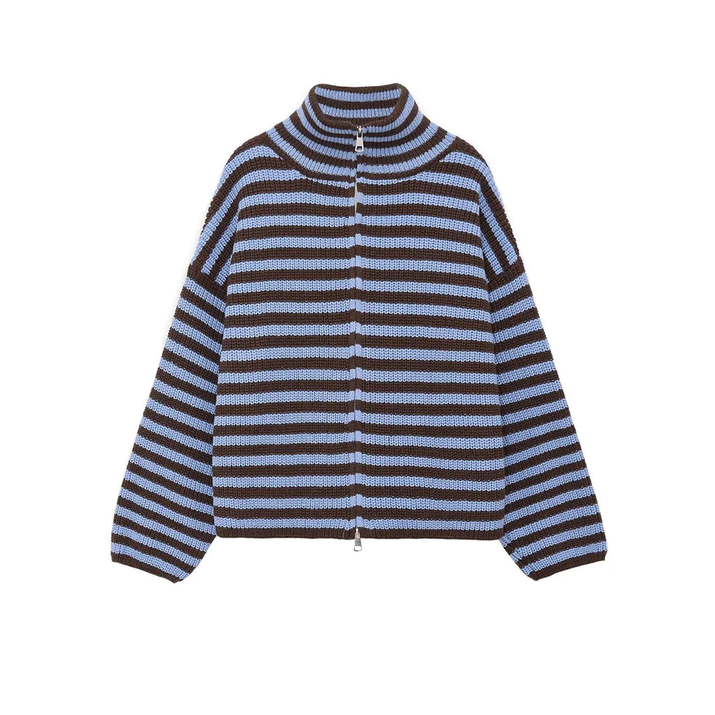 2026 New Spring Striped Loose Knit Cardigans Women Casual Turtleneck Zip-up Pink Sweater Coat Women Knitwear Streetwear - Matrix Studios