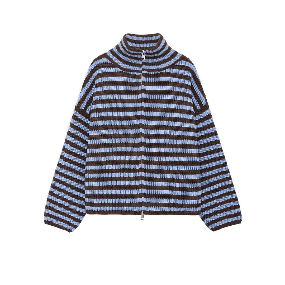 2026 New Spring Striped Loose Knit Cardigans Women Casual Turtleneck Zip-up Pink Sweater Coat Women Knitwear Streetwear - Matrix Studios