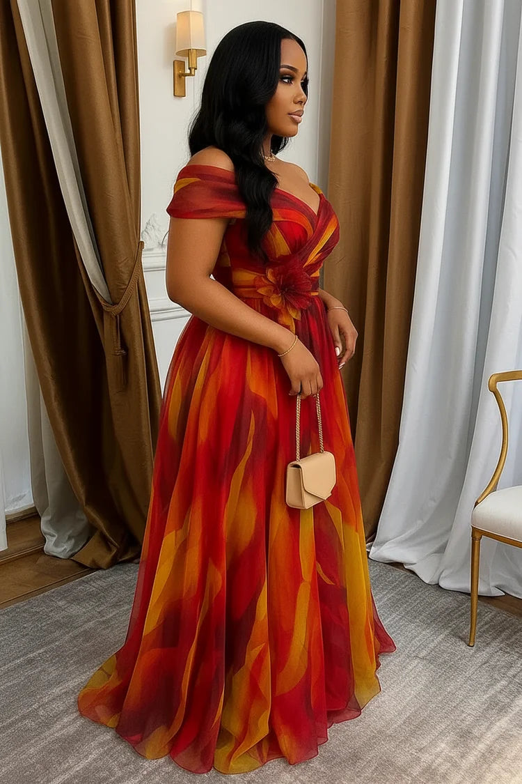 Women Off Shoulder Printed Maxi Gown With Front Slit For Wedding Guest Formal Evening Prom And Banquet Occasion - Matrix-studios.com