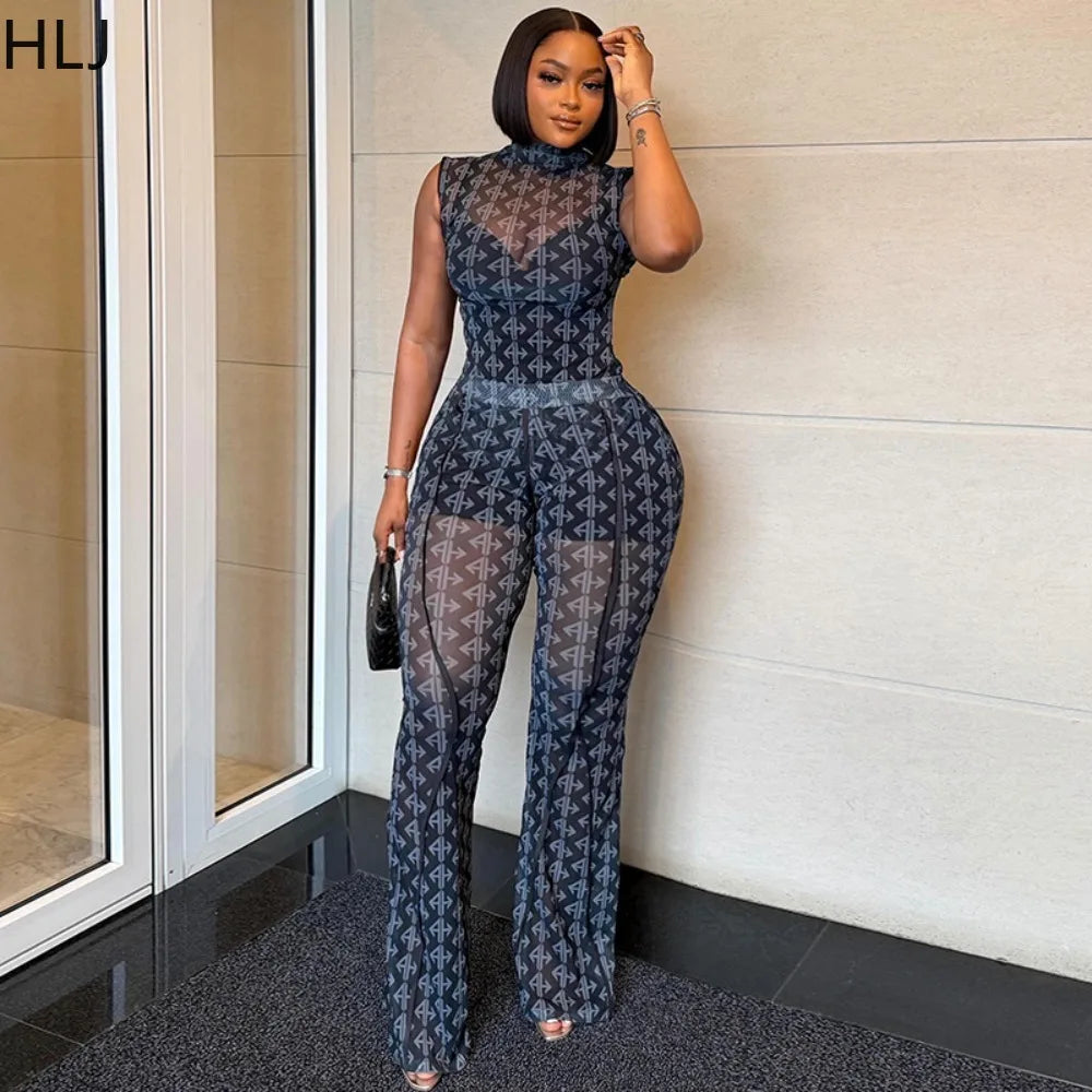 HLJ Y2K Sheer Mesh Print Two Piece Set Women Sleeveless High Neck Top + Flare Leg Pants Night Club Streetwear Matching Outfit - Matrix-studios.com