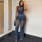 HLJ Y2K Sheer Mesh Print Two Piece Set Women Sleeveless High Neck Top + Flare Leg Pants Night Club Streetwear Matching Outfit - Matrix-studios.com