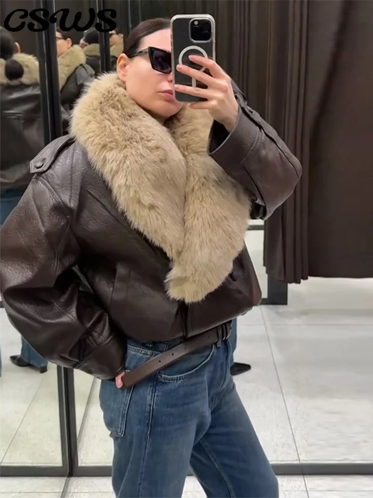 Elegant PU Fur Patchwork Jacket Women Loose Detachable Collar Lapel Double Breasted Jackets Female Fashion Winter Warm Outwear - Matrix Studios