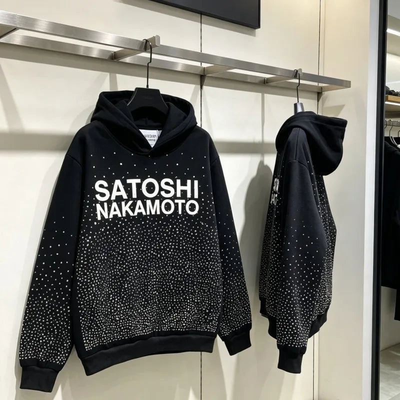 Full Hotfix Rhinestone SATOSHI Hoodie American High Street Classic Letter Print Retro Black Fleece Hooded Sweatshirt Men Women - Matrix-studios.com