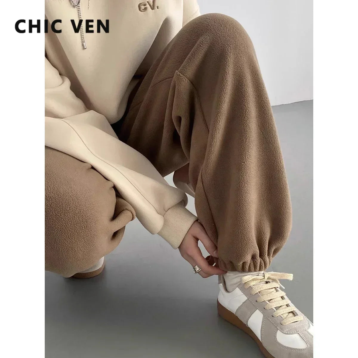 CHIC VEN Women's Pant Loose Casual New High Waist Fleece Pant Thick Plush Warm Female Sports Trousers Autumn Winter 2023 - Matrix-studios.com