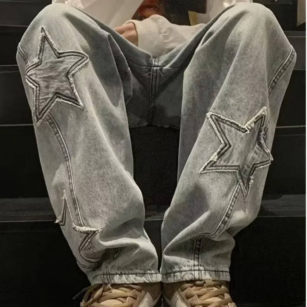Star Embroidered Straight Casual Men's Jeans Y2K Gothic Unisex New Wide-leg Loose, Comfortable Fashionable Youth Street Jeans - Matrix Studios