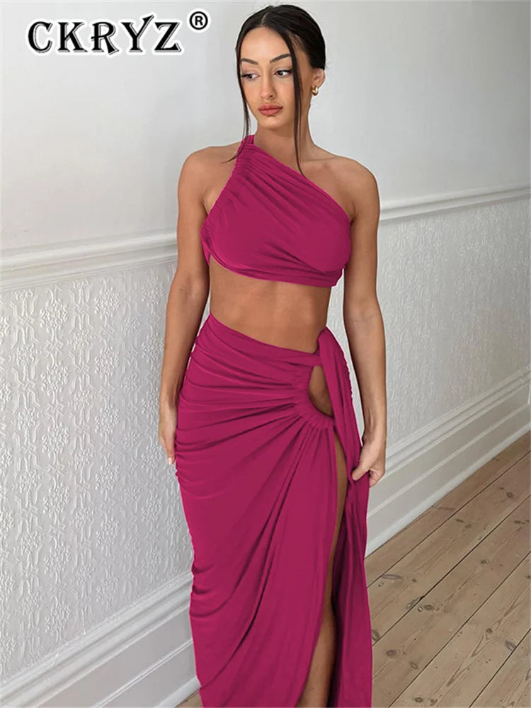 Ladies Summer 2 Pieces Set Women Sleeveless Backless Strap Spit Crop Top Side Slit Slim Long Skirt Evening Party Club Streetwear - Matrix-studios.com