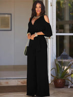 Spring Summer Solid Color Women Sexy Deep V Neck Short Sleeve Rompers Fashion Slim Fit Lace Up Elegant Female Wide Leg Jumpsuit - Matrix Studios