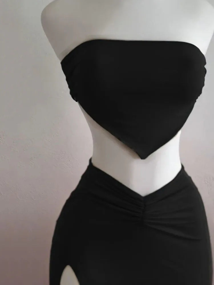 Strapless Backless Crop Top High Waist Skirt 2 Piece Set Women Summer Sexy Slim Fit Split Midi Dress Tube Suits Party Club Sets - Matrix-studios.com