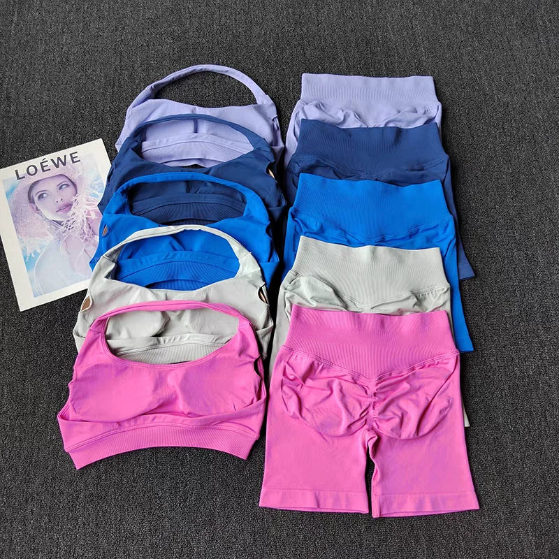 2 Pieces Yoga Suit for Women Seamless Fitness Gym Clothes Halter Sports Bra Matching Shorts Workout Sets Gym Set Outfit - Matrix-studios.com