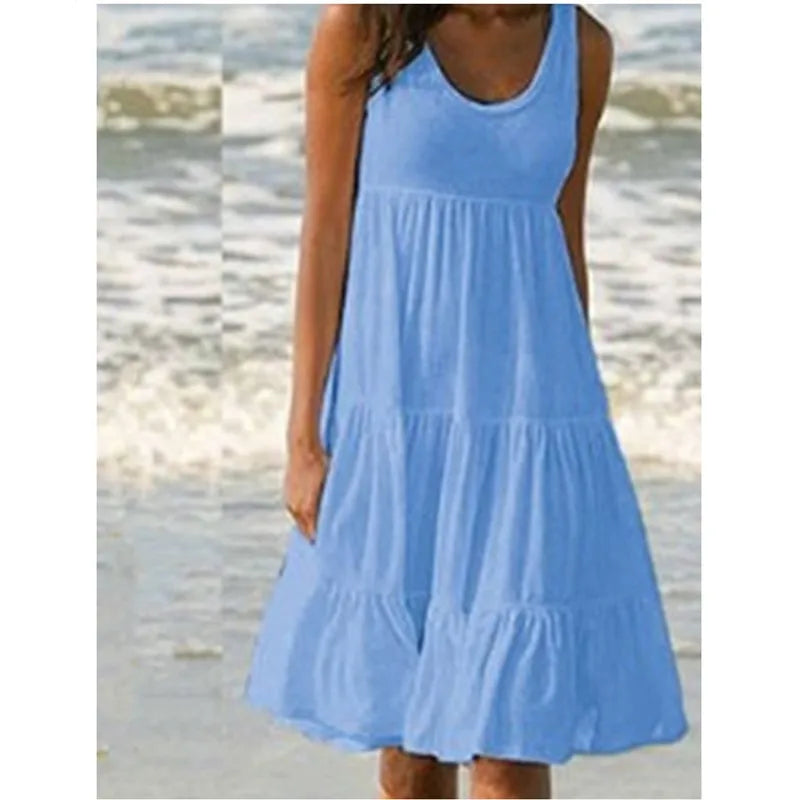 Bohemian Women's Casual O Neck Sleeveless Ruffle Mini Dress Solid Color Beach Tank Top Oversized Loose Dress Plus Size Women3029 - Matrix-studios.com