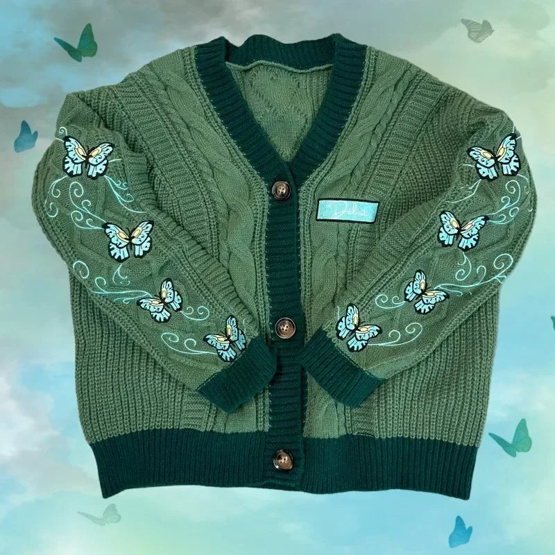 Butterfly Knitted Cardigan Women Dark Green Cardigans with Embroidery Winter Letter Patch Oversized Sweaters Tops Folklore Girl - Matrix Studios