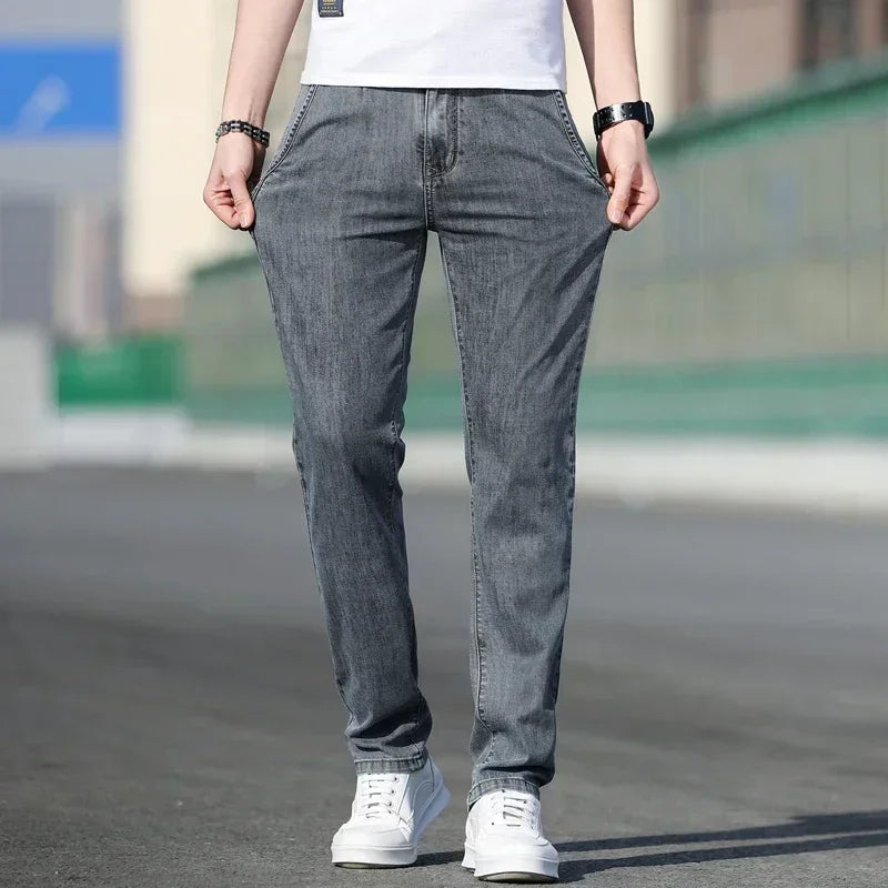 2025 Summer New Men's Loose Gray Jeans Fashion Casual Stretch Straight-leg Denim Pants Male Light Blue Men's Trousers - Matrix Studios
