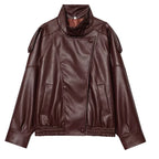HXAO Black Jacket Women's Coat Faux Leather Jacket Outerwears Demi-Season Bomber Moto Biker Zipper Jacket High Neck Short Coat - Matrix Studios