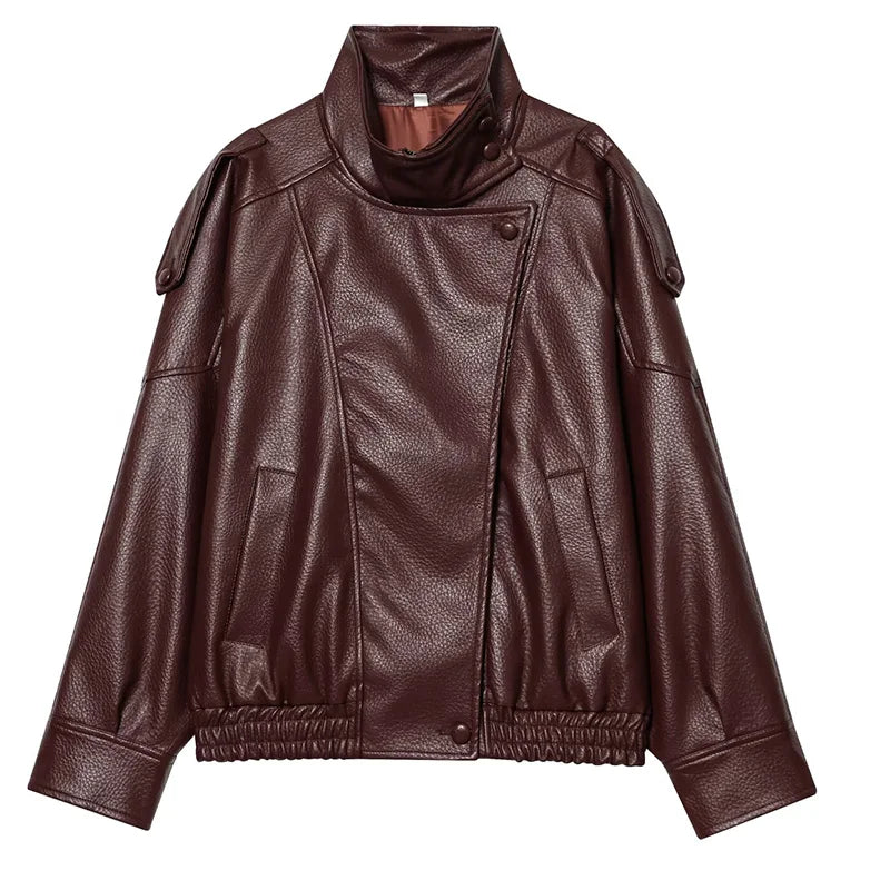 HXAO Black Jacket Women's Coat Faux Leather Jacket Outerwears Demi-Season Bomber Moto Biker Zipper Jacket High Neck Short Coat - Matrix Studios