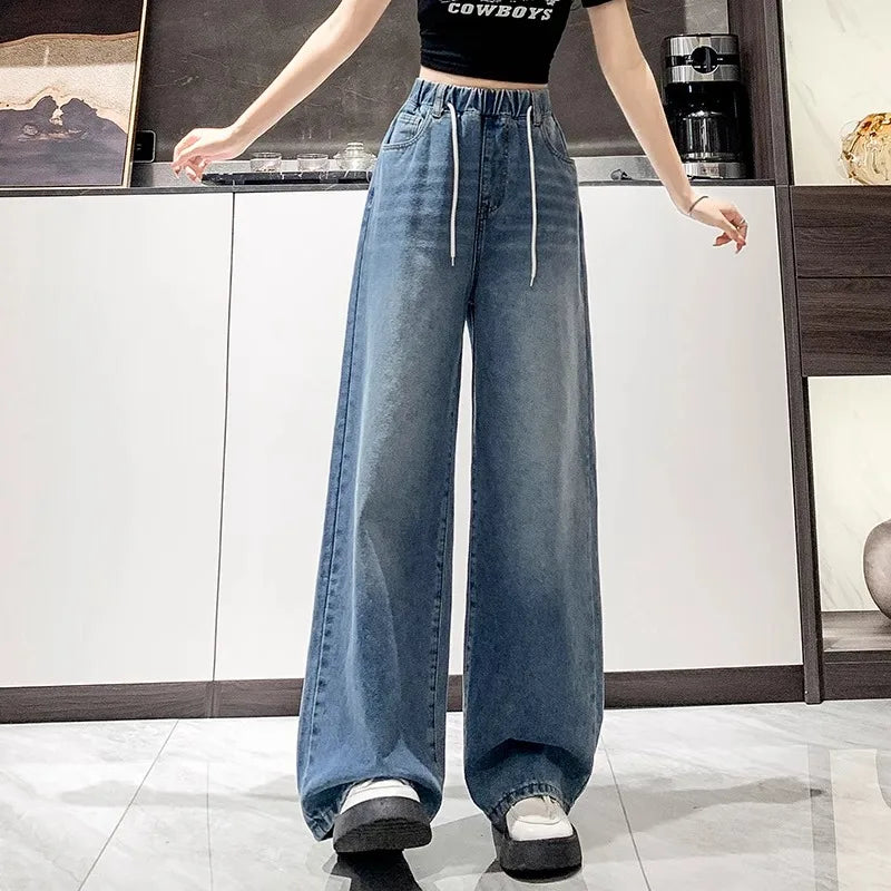 Loose Fit High Waist Wide Leg Jeans Women plus Size Light Blue Elastic Waist Dstring Trousers Autumn Faion plus Size - Matrix-studios.com