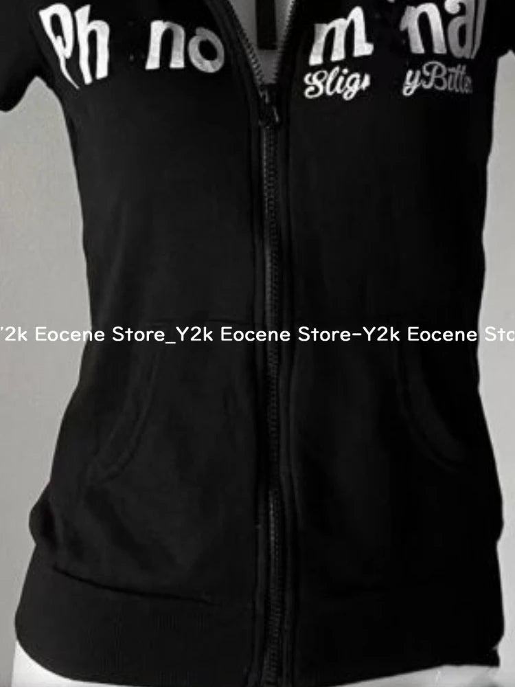 Y2K Subculture Skull Print Zip Cardigan Short Sleeve Women Japan Slim Fit Striped Hoodie Casual Tops Fashion Streetwear Clothes - Matrix Studios