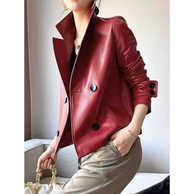 Modigirl Autumn Winter Red Faux Leather Jackets Women 2024 New Outwear Long Sleeves PU Leather Short Coats Outwear for Female - Matrix Studios