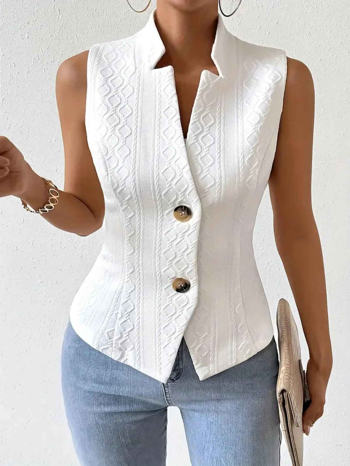 Women's Elegant V-Neck Sleeveless Blazer Vest Solid White Textured Button-Down Slim Fit Waistcoat Top - Matrix Studios