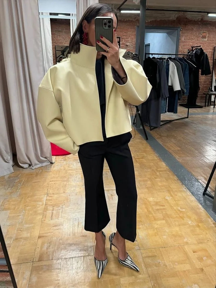 Women Cropped PU Leather Jacket Stand Collar Wide Flare Sleeve Asymmetrical Wrap Open Front Coat 2026 Autumn Chic Loose Jackets - Matrix Studios