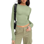 1pcs Four Seasons Fashion Senior Women T-shirt Long Sleeve Crew Neck Solid Slim Fit Tee Ladies Crop Top  Daily Streetwear Camis - Matrix-studios.com