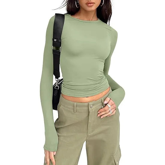 1pcs Four Seasons Fashion Senior Women T-shirt Long Sleeve Crew Neck Solid Slim Fit Tee Ladies Crop Top  Daily Streetwear Camis - Matrix-studios.com