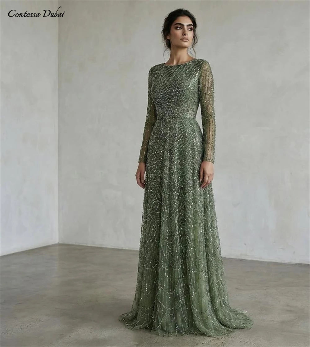 Contessa Custom formal gown elegant beaded tulle evening dress long sleeve boat neck floor length A line glam sparkly prom party - Matrix Studios