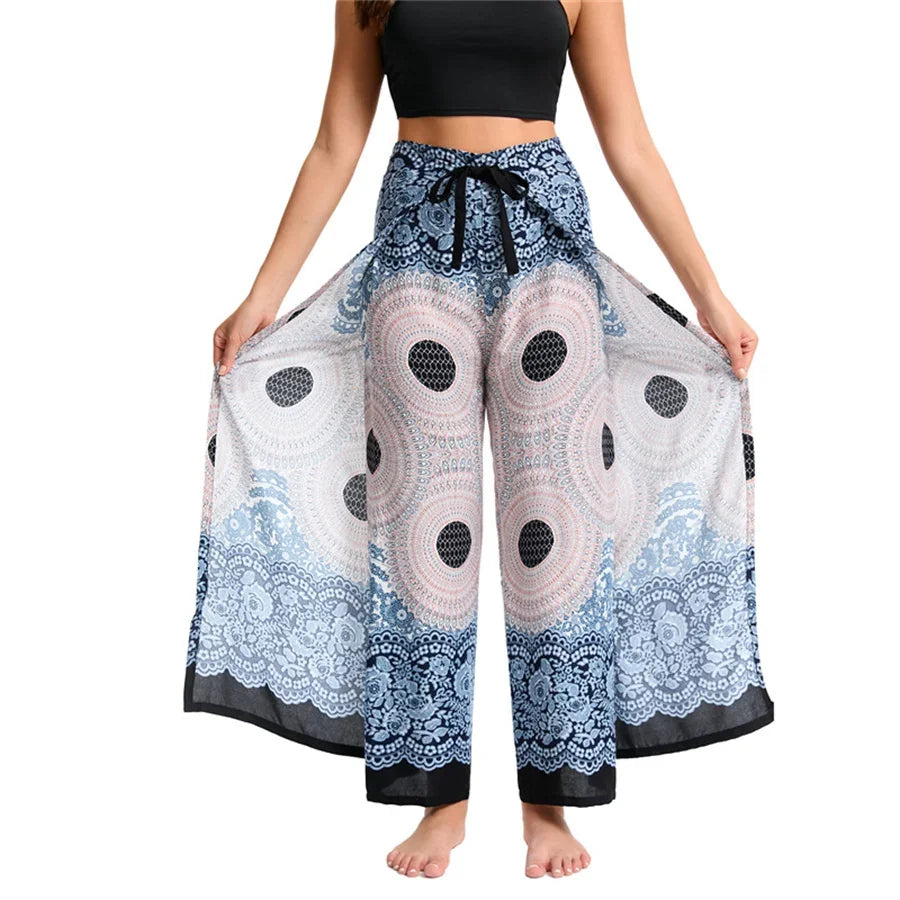 Women's Boho Palazzo Pants Wide Leg Yoga Wrap Tie Up Waistband Beach Cover Up Trousers Rayon Soft Breathable Loose Pants - Matrix Studios