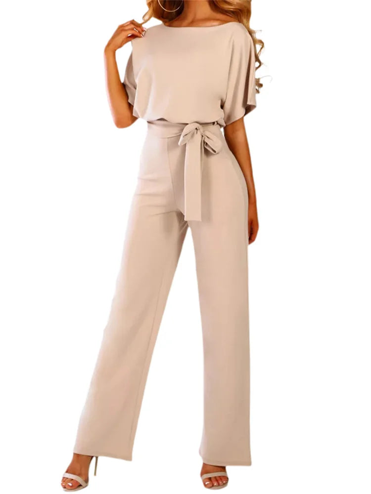 Women Jumpsuits Elegant Solid Color Flare Short Sleeve Waist Tie Wide Leg Pants Romper Summer Streetwear - Matrix Studios