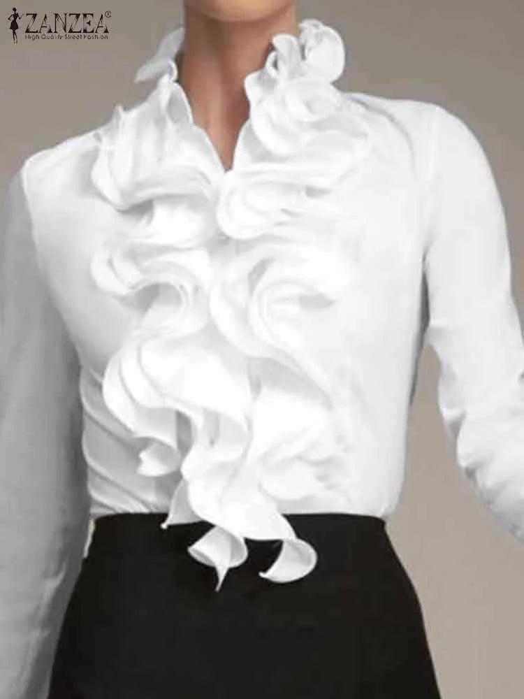 ZANZEA Elegant Women Blouse Ruffles Tops Fashion Long Sleeve Shirts Flounce Blusas Stylish OL Work Shirt Female White Blouses - Matrix-studios.com