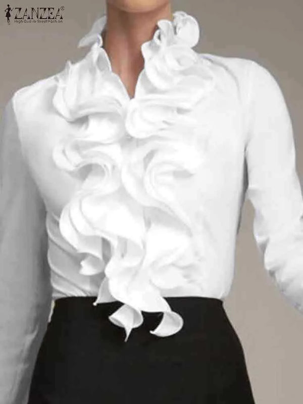 ZANZEA Elegant Women Blouse Ruffles Tops Fashion Long Sleeve Shirts Flounce Blusas Stylish OL Work Shirt Female White Blouses - Matrix-studios.com