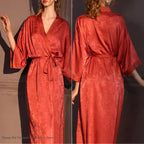 Luxury Jacquard Long Robe Nightgown Women Half Sleeve Kimono Bathrobe Gown Satin Ice Silk Sleepwear Sexy Home Dress Lounge Wear - Matrix-studios.com