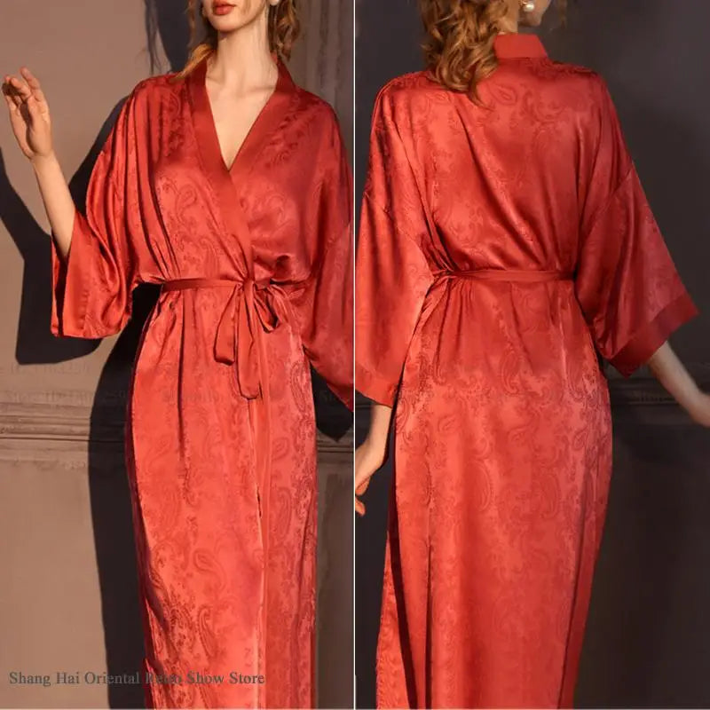 Luxury Jacquard Long Robe Nightgown Women Half Sleeve Kimono Bathrobe Gown Satin Ice Silk Sleepwear Sexy Home Dress Lounge Wear - Matrix-studios.com