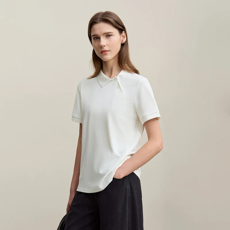 Amii Women's Polo Shirt 2026 Summer Asymmetric Placket Short Sleeve Tee Lapel Collar Casual Layering T-Shirt For Women 12622015 - Matrix-studios.com