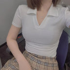 Sexy Short Sleeve White T-Shirt with Polo Collar Slim Fit Women's Summer Basic Black Elastics Crop Top  Y2k Clothes - Matrix-studios.com