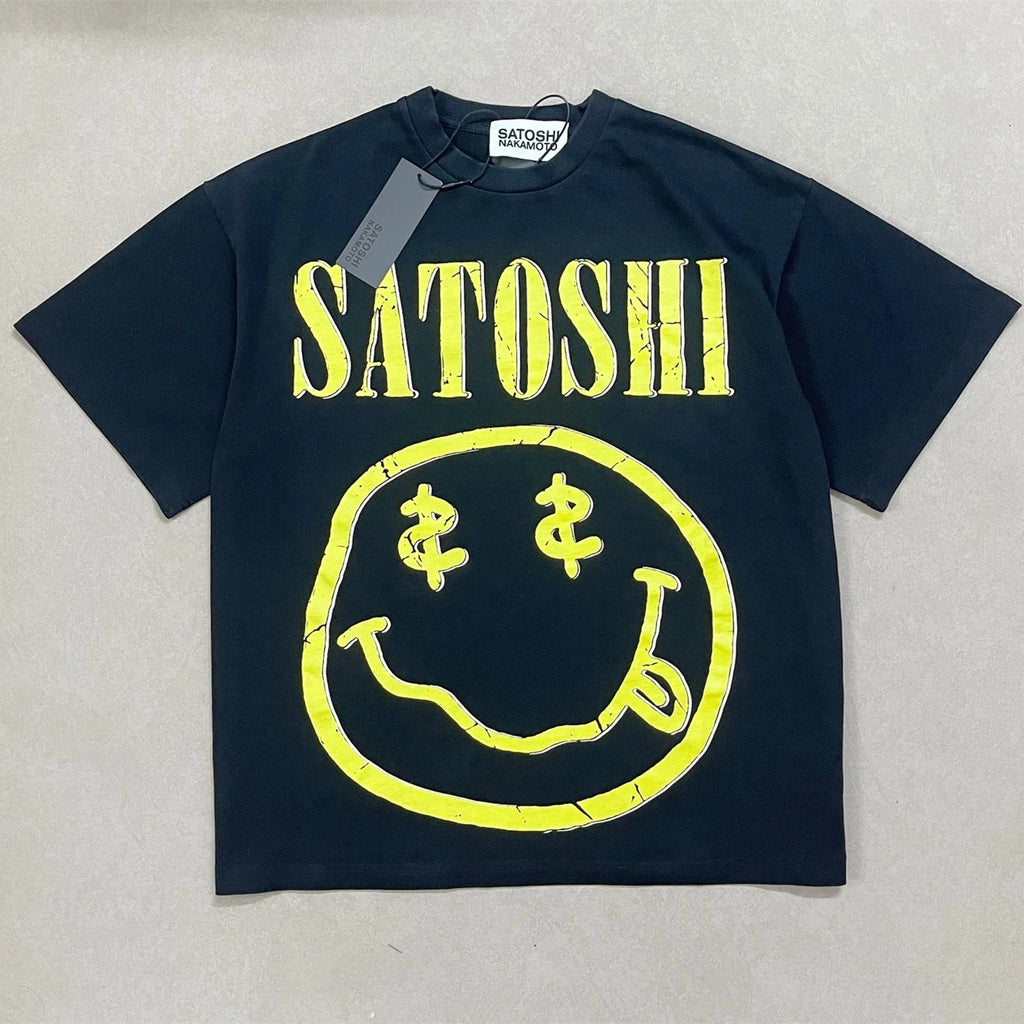 Black Satoshi Nakamoto Smiley Face T Shirt Men Women Best Quality 2026ss Tee Tops T-Shirt - Matrix-studios.com