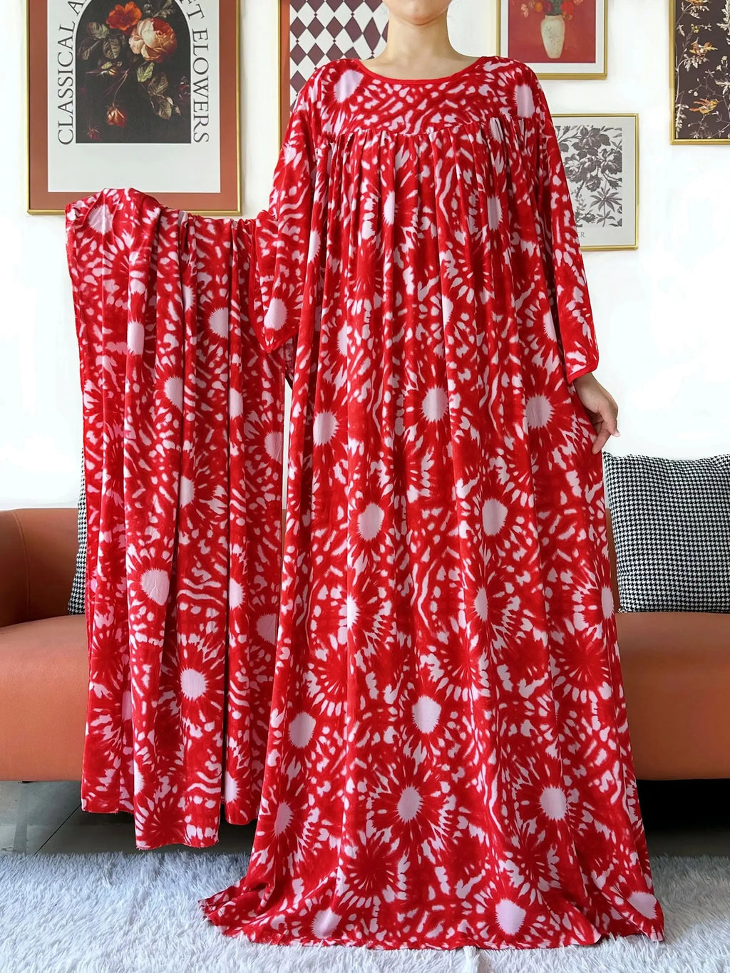 2025 New Loose Floral Dress Short Sleeve Cotton Women Abaya with Big Scarf Boho Maxi Dress Casual Fashion Dress African Vestidos - Matrix-studios.com