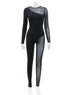Hipster Tight Jumpsuit Woman Midnight Overalls Streetwear O-Neck Long Sleeve Zipper Sexy See Through Mesh Rompers Women Jumpsuit - Matrix Studios