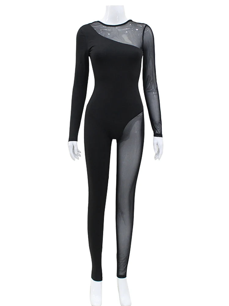 Hipster Tight Jumpsuit Woman Midnight Overalls Streetwear O-Neck Long Sleeve Zipper Sexy See Through Mesh Rompers Women Jumpsuit - Matrix Studios