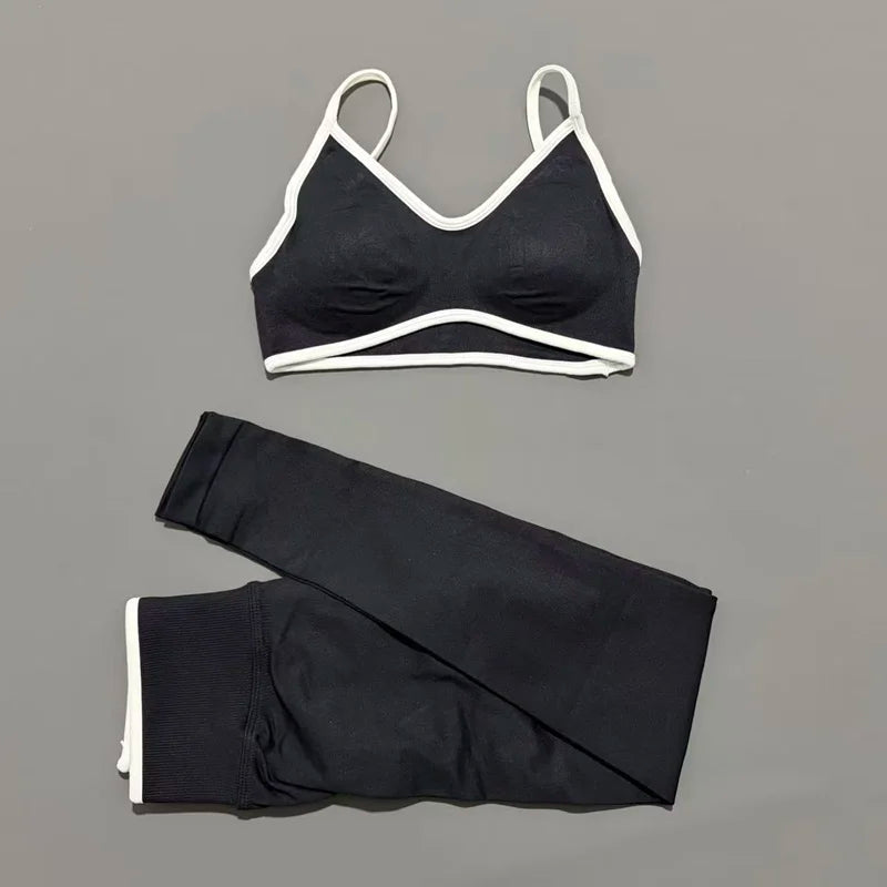 2Pcs HISTELLO Women's Seamless Yoga Fitness Set Ignite Sculpt Scrunch Leggings Strappy Halter Bra Gym Sports Fitness Outfit - Matrix-studios.com