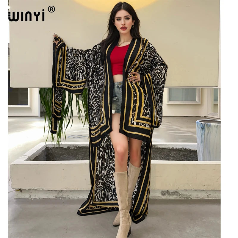WINYI Summer Beach Wear Cover Up Lady Boho Cardigan Printing Elegant Silky and Skin-Friendly Sexy Holiday Kimono Maxi Dress - Matrix Studios