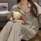 2PCS/Set Women's Long Sleeve Loose Breathable Student Sleepwear Loungewear Cardigan Gray Striped Girl Fashion Pajamas Homewear - Matrix-studios.com