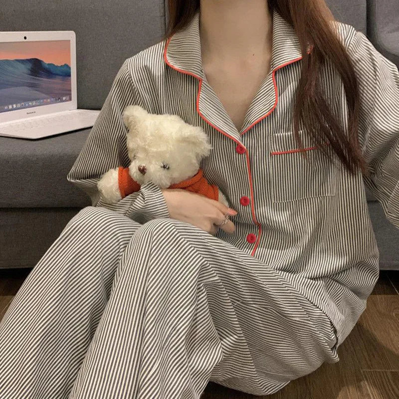 2PCS/Set Women's Long Sleeve Loose Breathable Student Sleepwear Loungewear Cardigan Gray Striped Girl Fashion Pajamas Homewear - Matrix-studios.com
