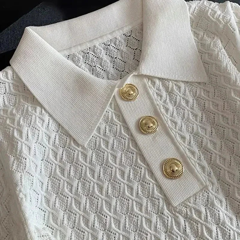 FANAN Ice Silk Polo Shirt Knitted Short Sleeve T-Shirts Lady New Chic Thin Unique Jacquard Women Tops 2025 Korean Style Clothing - Matrix-studios.com