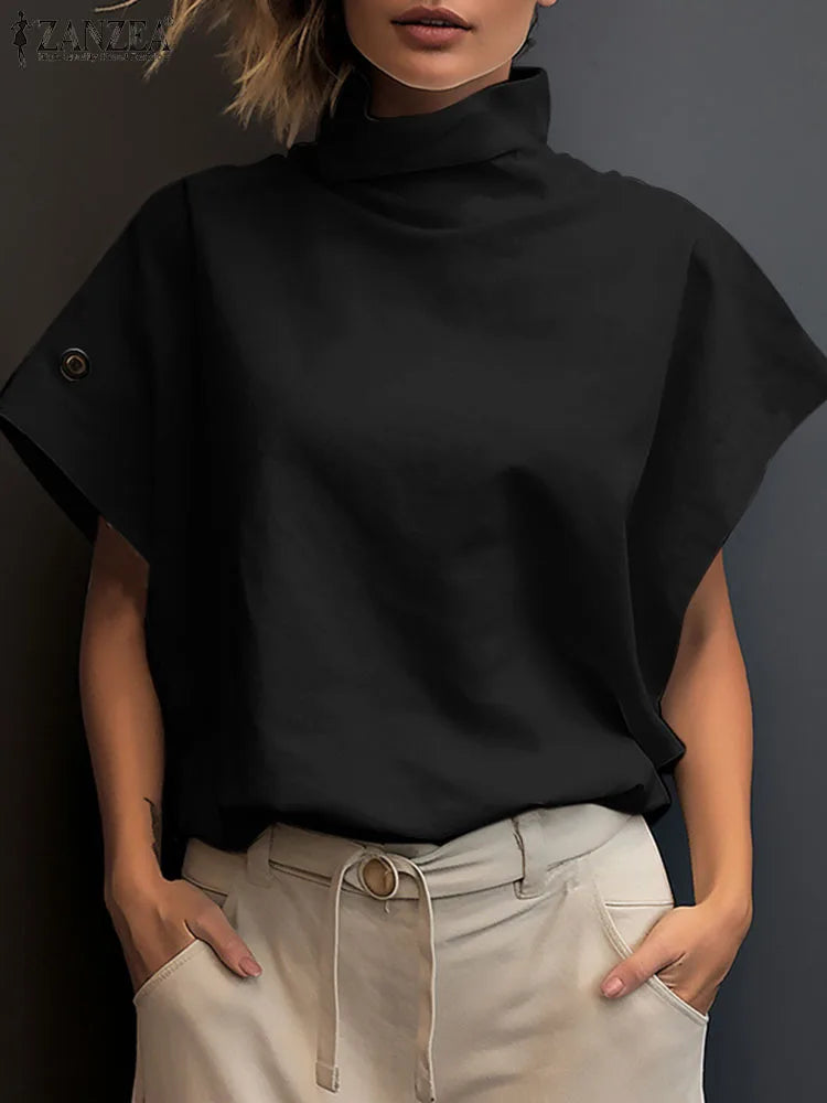Women Fashion OL Work Shirt 2024 ZANZEA Summer Elegant Turtleneck Short Sleeve Blouse Casual Loose Office Tops Party Blusas - Matrix-studios.com