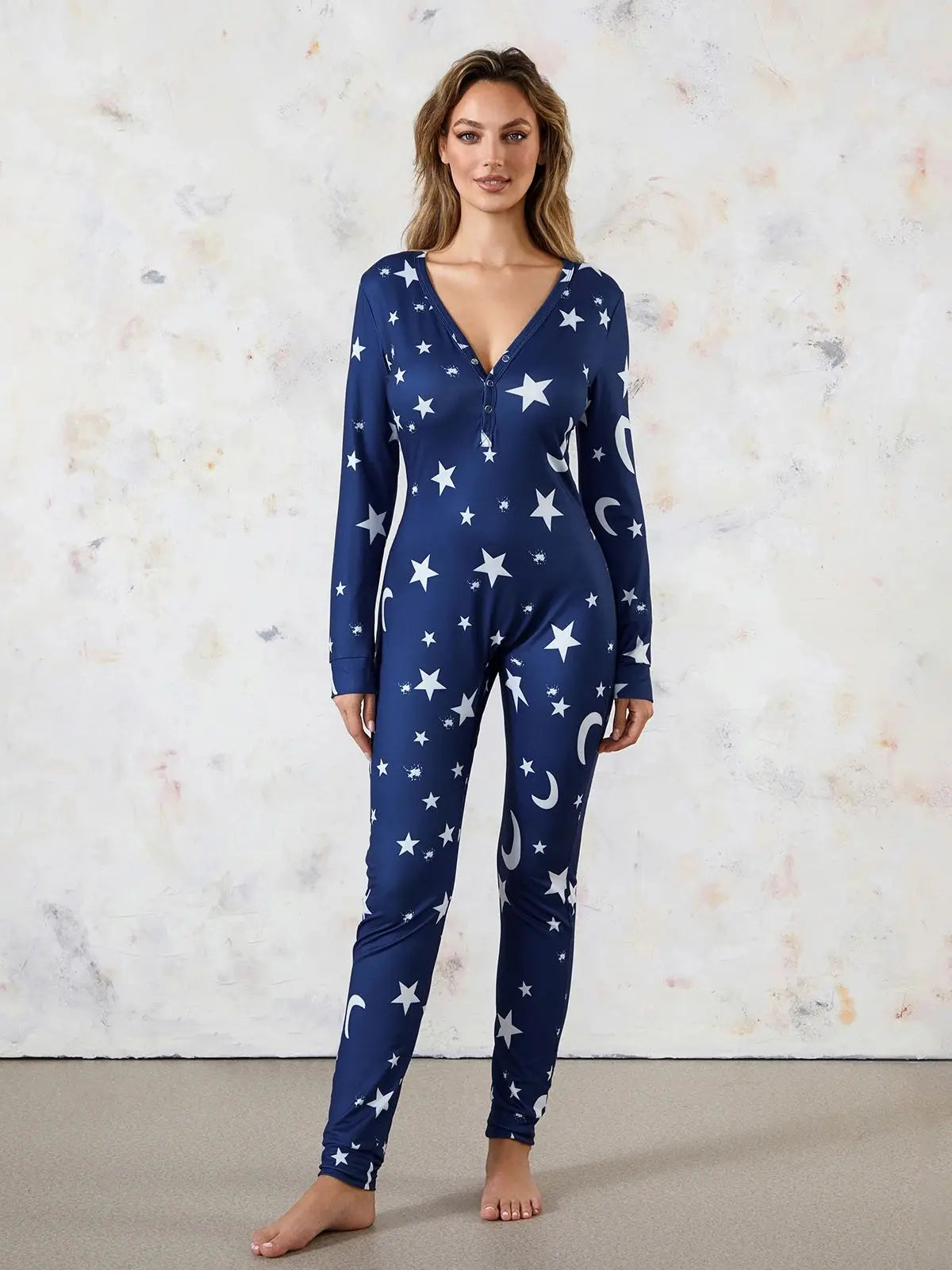 Women Buttoned Flap Jumpsuits Sleepwear Cow Printed Long Sleeve V Neck Bodycon Romper Spring Fall Loungewear - Matrix Studios