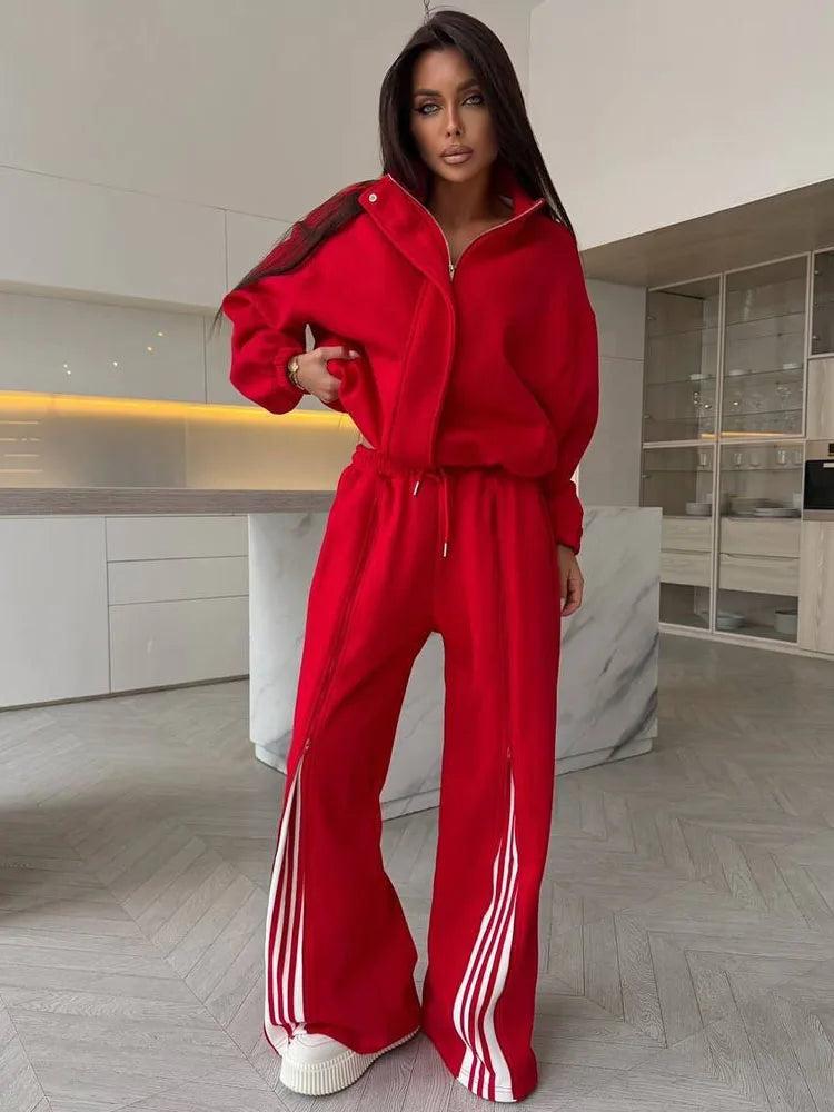 Casual Tracksuit Two Piece Set Women Stand Collar Zipper Jacket Stripe Patchwork Wide Leg Sweatpants Classic Lady Streetwear - Matrix-studios.com