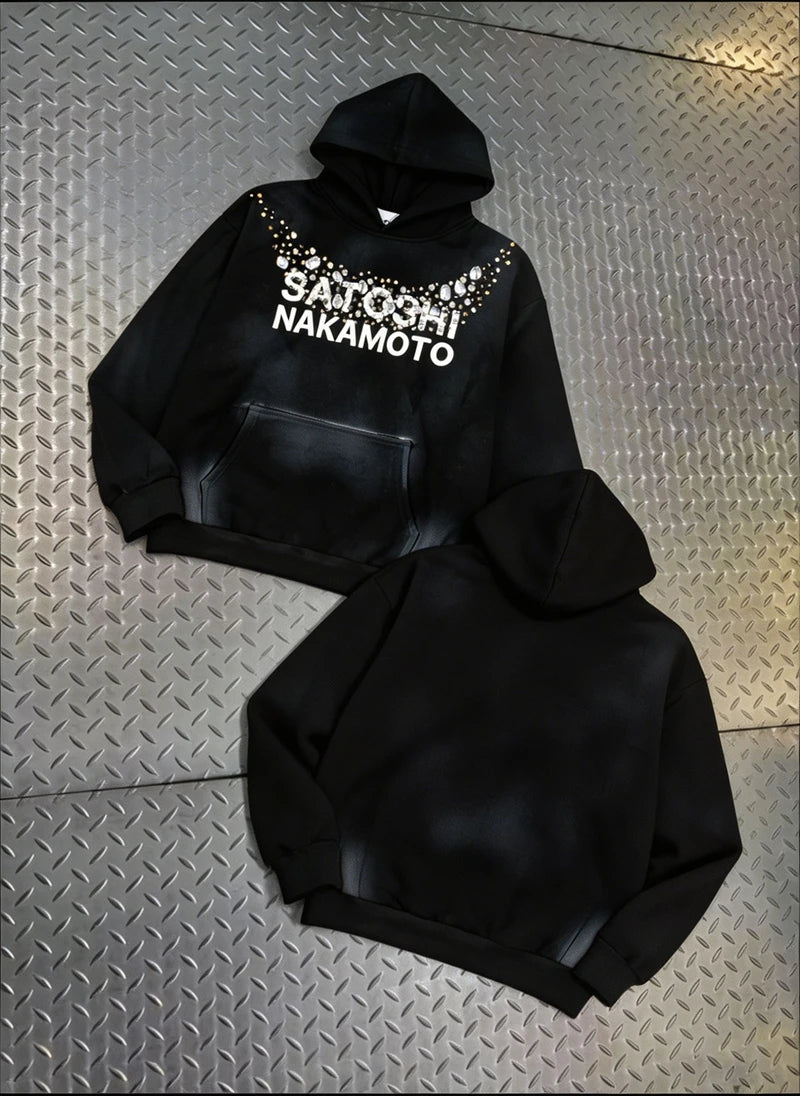 Oversize Balck Satoshi Hoody Retro Spray Dirty Rhinestone Button Stud Necklace Logo Hooded Sweatshirts  2XL Men Women Streetwear - Matrix-studios.com